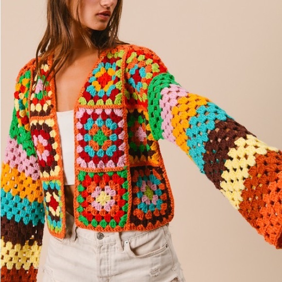 New Color! Bibi Handmade Vibrant Crochet Multicolor Cropped Cardigan Sweater - Picture 3 of 12